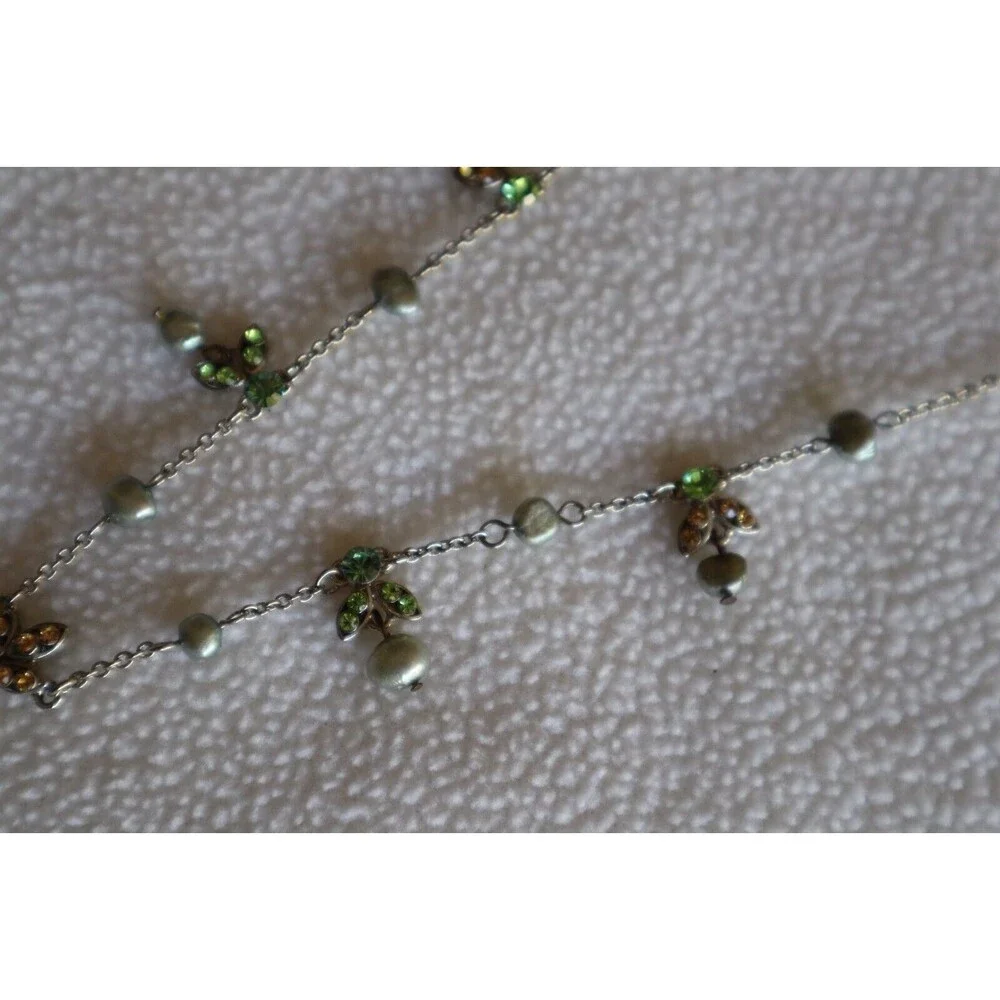 Vtg Necklace Faux Pearls Silver Tone Green Brwn Rhinestones Dangle Pendant 18"+ - Picture 6 of 10